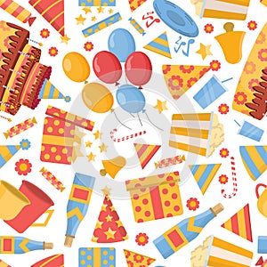 birthday, holidays, seamless pattern. cake, champagne, gifts, popcorn, balloons, caps, flags, candy. holiday vector flat items