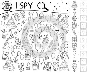 Birthday I spy game for kids. Searching and counting black and white activity for preschool children with traditional holiday