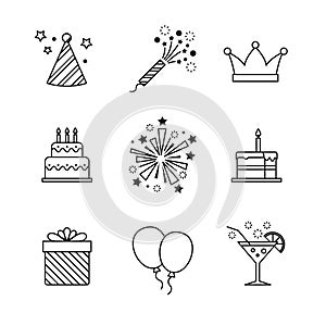 Birthday icons thin line art set. Celebration