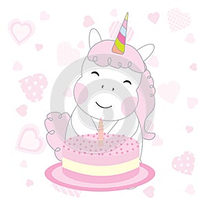 Birthday illustration with cute unicorn girl with birthday cake