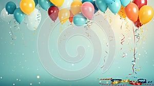 A birthday invitation with balloons, streamers, and a party date