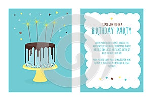 Birthday invitation card with cake. Vector.