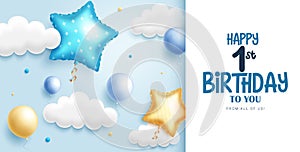 Birthday invitation card vector template. Happy 1st birthday greeting text with sky blue balloons
