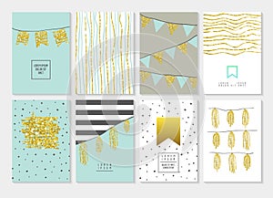 Birthday Invitation Cards Set. Golden Glitter Flyer,