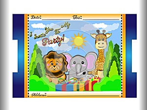 Birthday invitation for children of animals such as elephant, giraffe and lion, along with the sun and clouds so perfect ticket fo