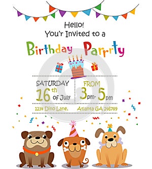 Birthday invitation with funny cartoon dogs