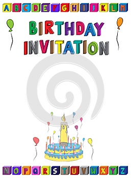 Birthday invitation lettering A4 page for kids with alphabet blocks, cake, candles and balloons