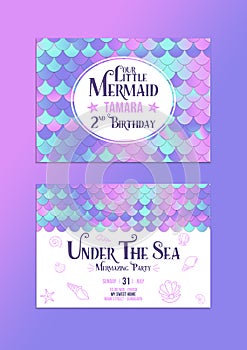Birthday Invitation Under The Sea Design Mermaid Skin Seamless Fish Scale Wave Background Holographic