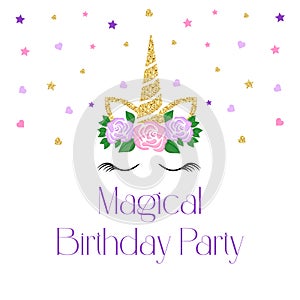 Birthday invitation with unicorn and pink glitte