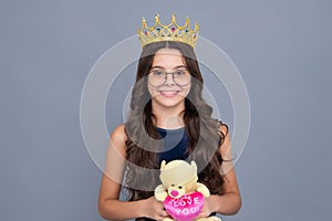 Birthday kids prom party. Girls party, funny kid in crown. Child queen wear diadem tiara. Cute little princess portrait