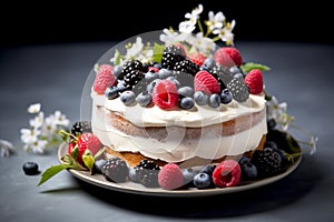 Birthday layered cake decorated with berries, blueberries, raspberries and blackberries with flowers on top Generative AI