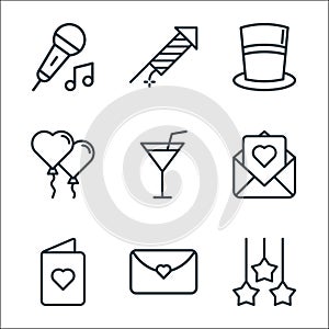 birthday line icons. linear set. quality vector line set such as decoration, invitation, invitation, invitation, cocktail, balloon