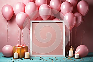 Birthday mockup with frame, pastel balloons and confetti on pink table top view Flat lay style