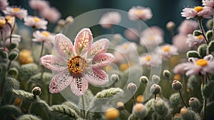 Birthday, Mother\'s Day, spring, knitted art, handicraft concept. Pastel knitted woolen flower, selective focus. photo