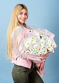 Birthday mothers day 8 march or any other occasion for gift. Girl tender sensual blonde hold chamomile bouquet. Adore