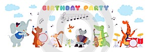 Birthday musical animals. Musician playing instrument, celebration cute characters baby shower banner. Decent party card