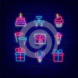 Birthday neon icon collection. Happy Birthday concept. Light effect banner. Vector stock illustration