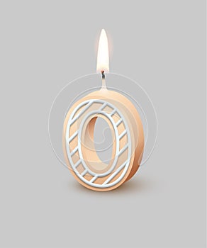 Birthday number candle with fire, 3D beige number 0 with icing, candlelight flame