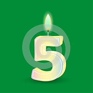 Birthday number five, candle with fire. 3D number 5. Vector illustration. EPS 10.