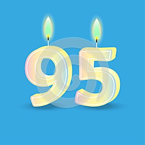 Birthday number ninety five, candle with fire. 3D number 95. Vector illustration. EPS 10.