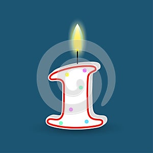 Birthday number one, candle with fire. 3D number 1. Vector illustration. EPS 10.