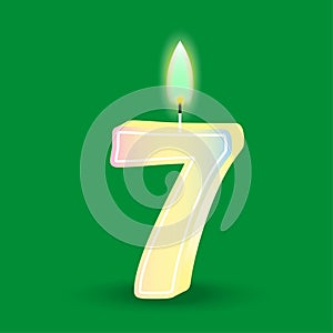 Birthday number seven, candle with fire. 3D number 7. Vector illustration. EPS 10.