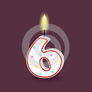 Birthday number six, candle with fire. 3D number 6. Vector illustration. EPS 10.
