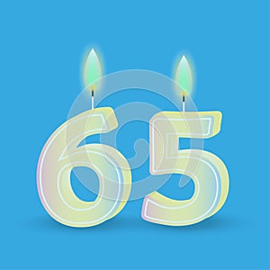 Birthday number sixty five, candle with fire. 3D number 65. Vector illustration. EPS 10.