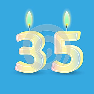 Birthday number thirty five, candle with fire. 3D number 35. Vector illustration. EPS 10.