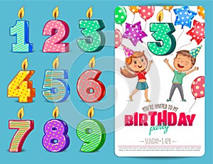 Birthday numbers candle with cute kids Birthday party invitation