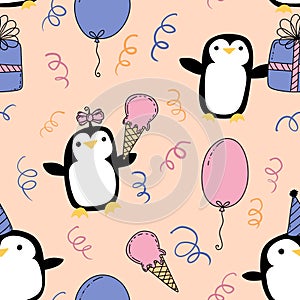 Birthday party animals seamless penguin pattern for wrapping paper and fabrics and kids print and summer print