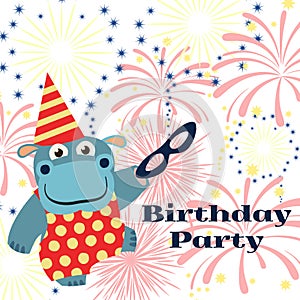 Birthday party background with cartoon hippo with mask and fireworks