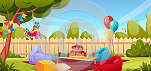 Birthday party background. Cartoon kids holiday in garden. Happy cake with candles. Fence on backyard. Pinata and pink