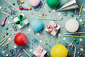 Birthday party background with colorful balloon, gift, confetti, cap, star, candy and streamer. Flat lay style. Festive card.