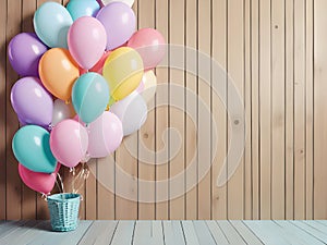 birthday party background, colorful balloons and empty copy space. 3d illustration