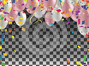 Birthday party background - colorful festive balloons, confetti, ribbons flying for celebrations card in isolated background with