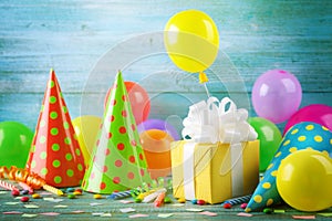 Birthday party background with gift box, colorful balloons, confetti, carnival cap and streamer. Holiday supplies on blue table