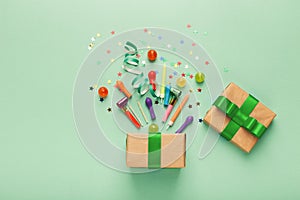 Birthday party background with gift and confetti