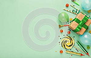 Birthday party background with gift and lollipops