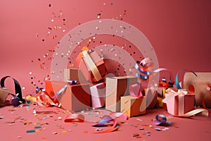 Birthday party background with gifts and confetti AI generated