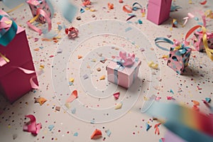 Birthday party background with gifts and confetti AI generated