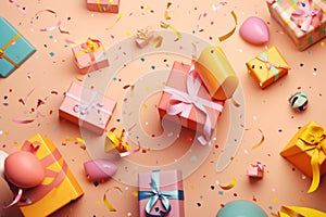 Birthday party background with gifts and confetti AI generated