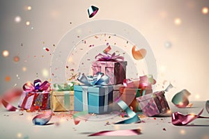 Birthday party background with gifts and confetti AI generated