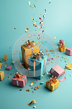 Birthday party background with gifts and confetti AI generated