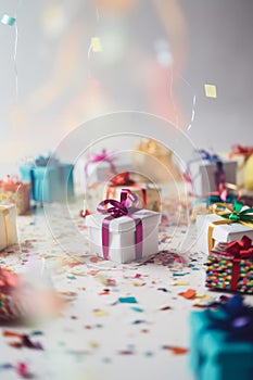 Birthday party background with gifts and confetti AI generated