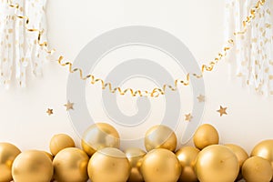 Birthday or party background with golden balloons and confetti