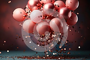 Birthday party background with red and pink balloons with confetti on festive background.