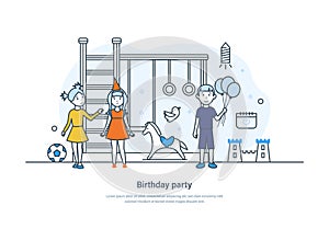 Birthday party banner with group of children having fun