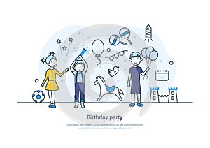 Birthday party banner with group of children having fun