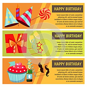 Birthday party. Banners for birthday party, cafe, restraurant. Vector flat design.